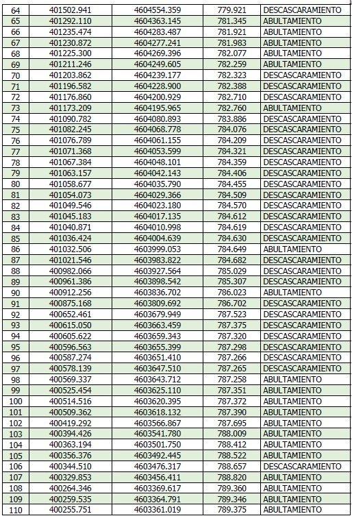 Tabla de coordenadas topográficas y tipo de descascaramientos o abultamientos